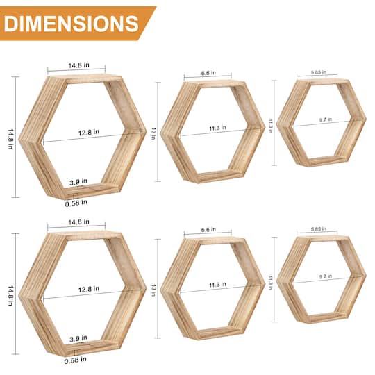 NEX™ Light Brown Hexagon Floating Wood Shelves Set